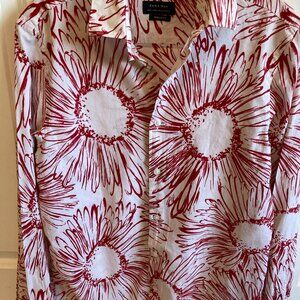Zara Shirt Mens Red Cotton Blend Floral Long Sleeve Botton-Up Shirt SZ S